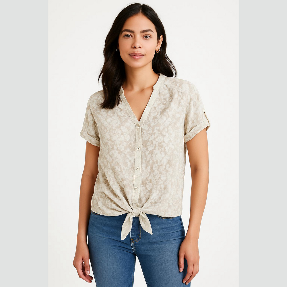15. Express Cream White Floral Lace Button Down Short Sleeve Blouse